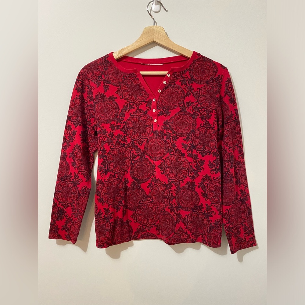 Y2K Printed Mandala Red and Black Henley Shirt V-neck Whimsigoth Goth Vamp Boho